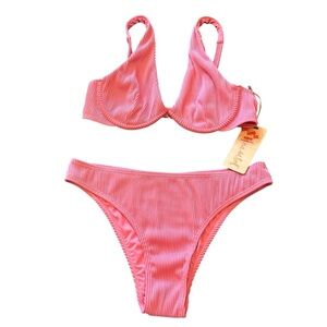 Cabana del Sol Two Piece Pink Ribbed Bikini, Medium